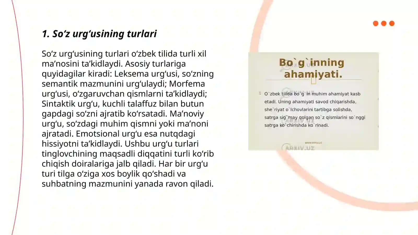 Soʻz urgʻusi va boʻgʻin turlari boʻyicha mashqlar tahlili 3
