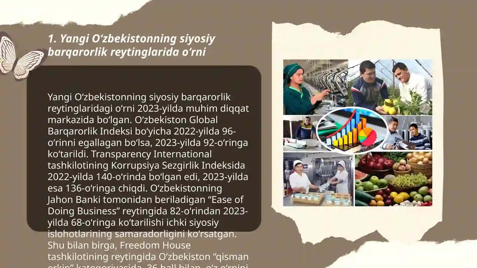 Yangi Oʻzbekiston ijtimoiy-siyosiy, iqtisodiy va madaniy hayotida roʻy berayotgan oʻzgarishlarning xalqaro reyting va indekslarda aks etishi 3