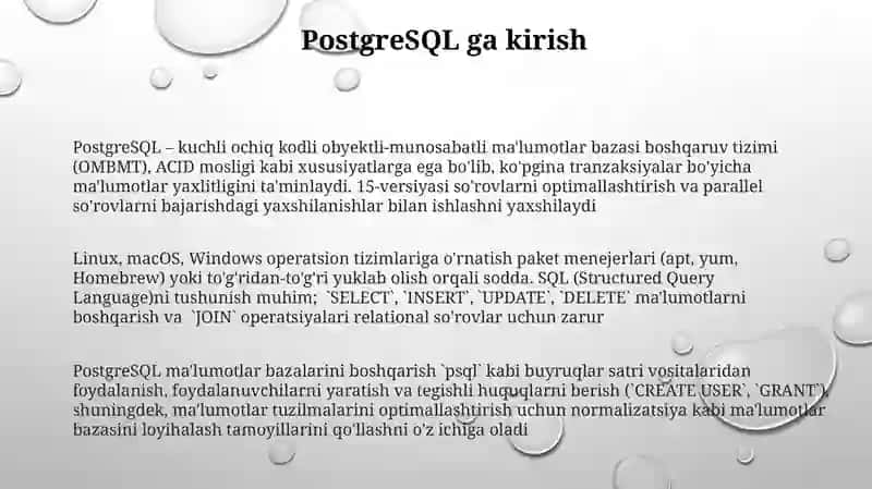 PostgreSQL ma'lumotlar bazasi boshqarish tizimlari 3