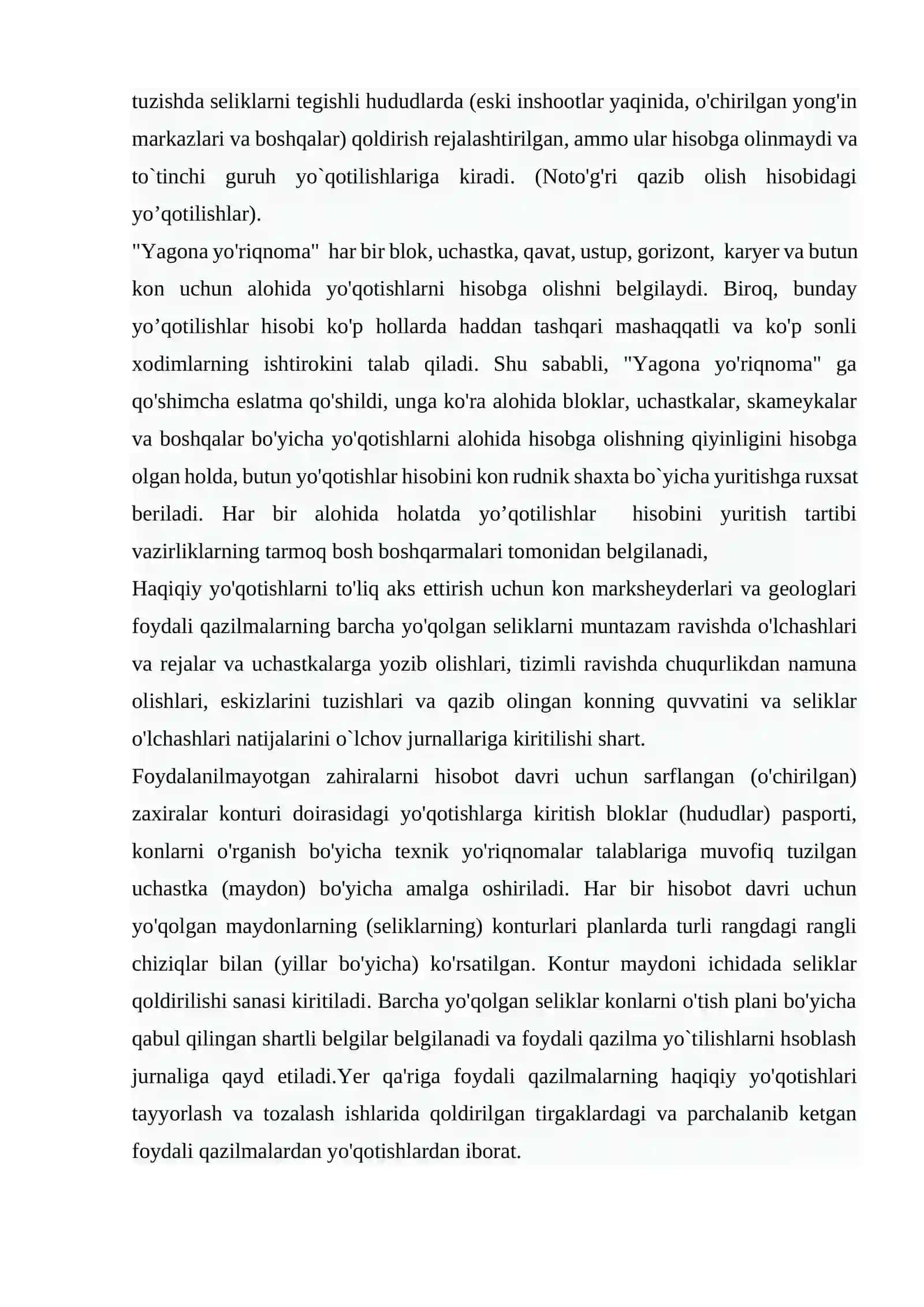 Foydali qazilmalarning miqdor va sifat jihatidan yo'qotishlarini, hisoblab olish 3