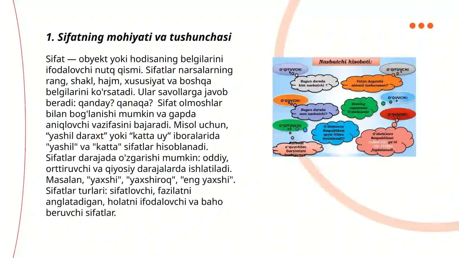 Sifat soʻz turkumi, sifatning leksik - grammatik xususiyatlari, maʼno turlari 3
