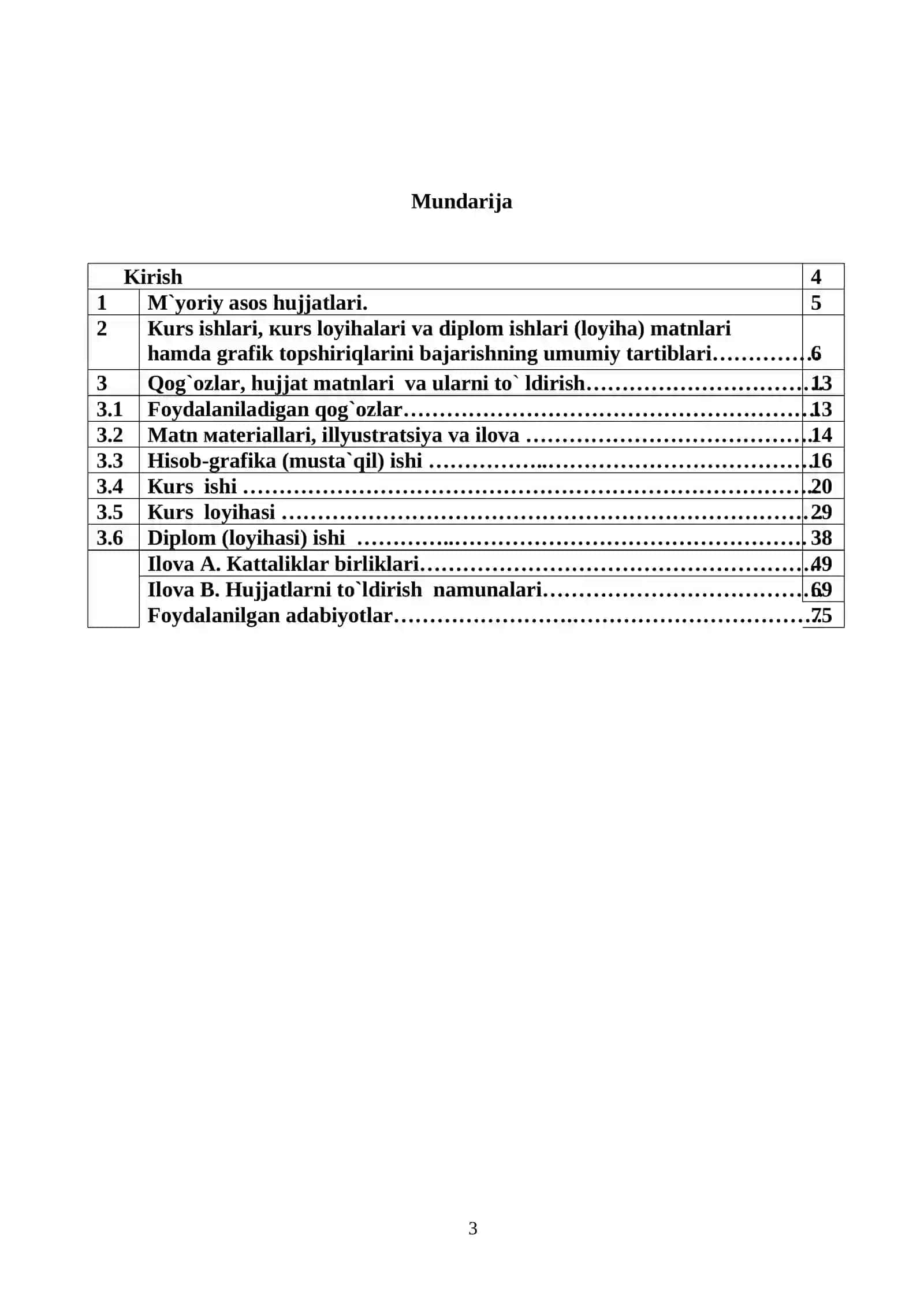 Kurs ishi, Kurs loyihasi va Diplom (loyihasi) ishi matnlari hamda grafik topshiriqlarini yozishning tartib qoidalari 3