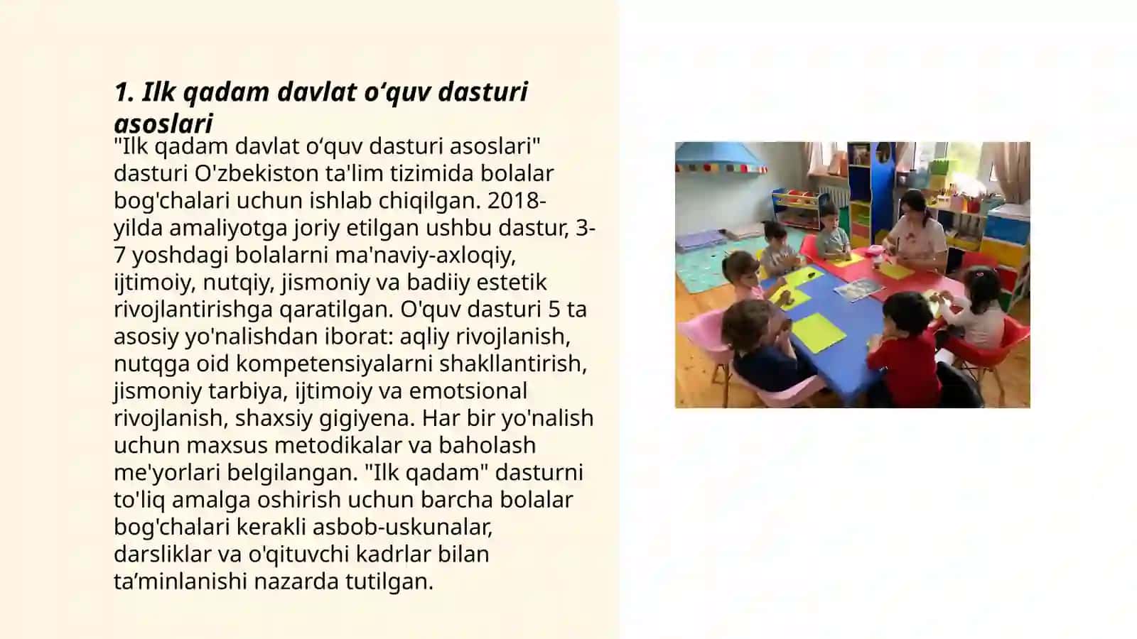 Ilk qadam davlat oʻquv dasturi asosida maktabgacha talim tashkilotlarida faolyat markazlarida talim jarayonlarini tashkil qilish 3