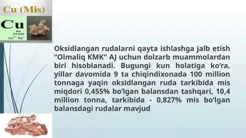 "OLMALIQ KMK" AJ OKSIDLANGAN MIS RUDALARINI QAYTA ISHLASH IMKONIYATLARI 3
