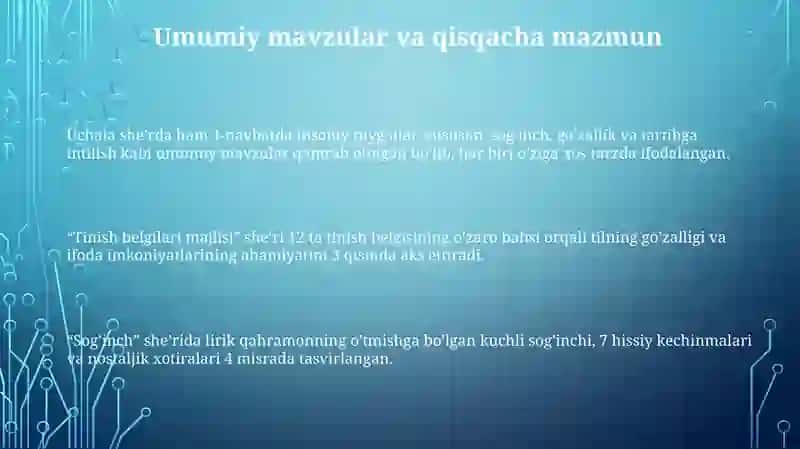 Shoirning "Tinish belgilar majlisi", "Sogʻinch", "Kimning xati chiroyli" she'rlari tahlili 3