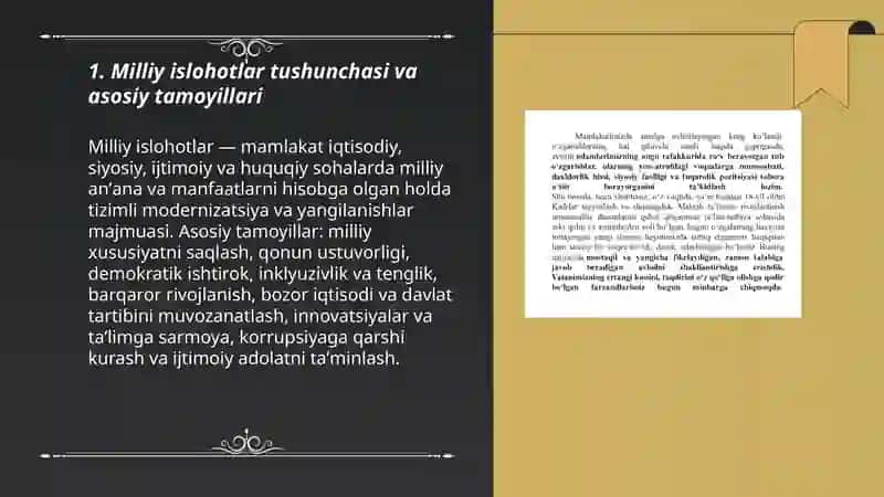 Milliy Islovlar tizimi va Uzbekistanda unga otishning vazifalari 3