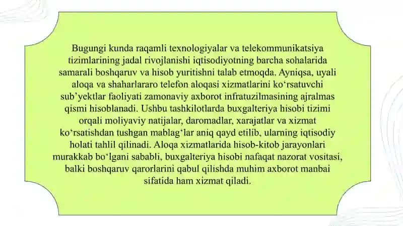 Uyali aloqa va shaharlararo telefon aloqasi xizmatlarini ko‘rsatuvchi sub’yektlarda buxgalteriya hisobi 3