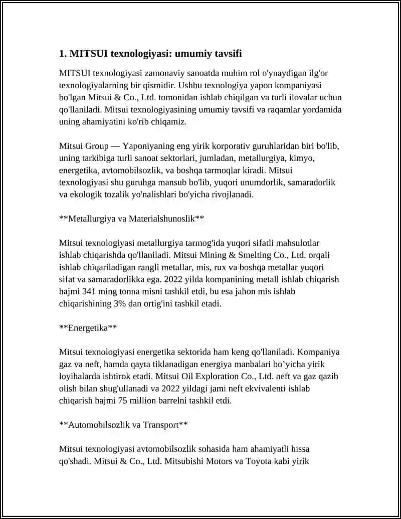 MITSUI TEXNOLOGIYASI BO‘YICHA POLIETILEN ISHLAB CHIQARISHNI BOSHQA TEXNOLOGIYALARGA O‘XSHASHLIKLARI FARQI VA AFZALLIKLARI 3