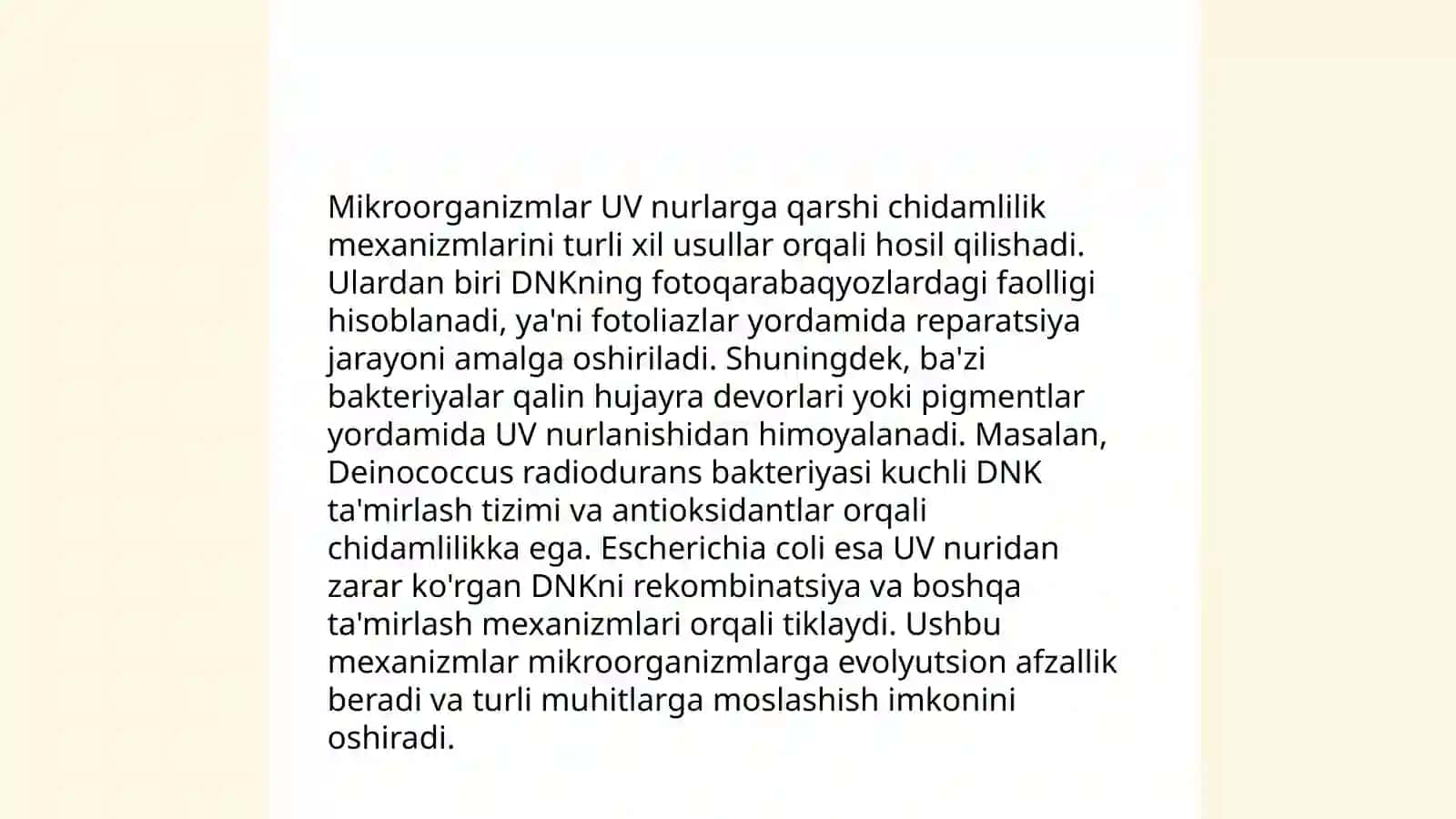 Mikroorganizimlarning Ultra binafsha nurlarga chidamliligi. Fotoreaktivatsiya hodisasi 3