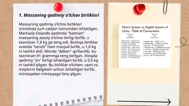 Miqdorlarning qadimiy va turli xalqlarga oid nostandart oʻlchov birliklari haqida malumot yigʻish. Miqdorlarning etalon birliklari kelib chiqishi va saqlanishi haqida malumotlar topish 3