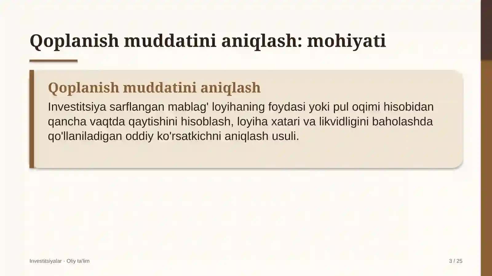 Butik-mehmonxonalarda investitsiyalarning qoplanish muddatini aniqlash 3