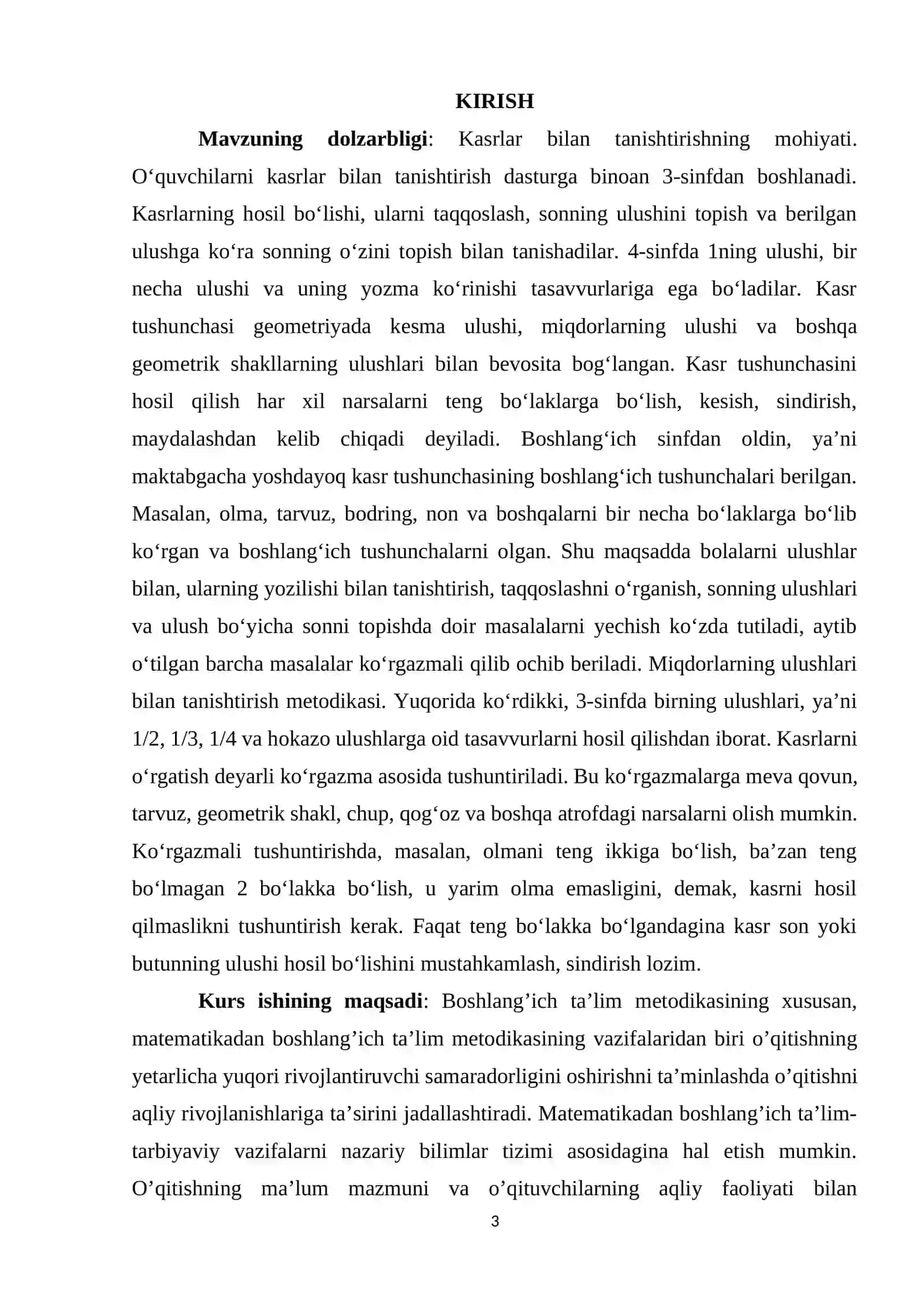 “KASR TUSHUNCHASI BILAN TANISHTIRISH METODIKASI” MAVZUSIDA TAYYORLAGAN KURS ISHI 3