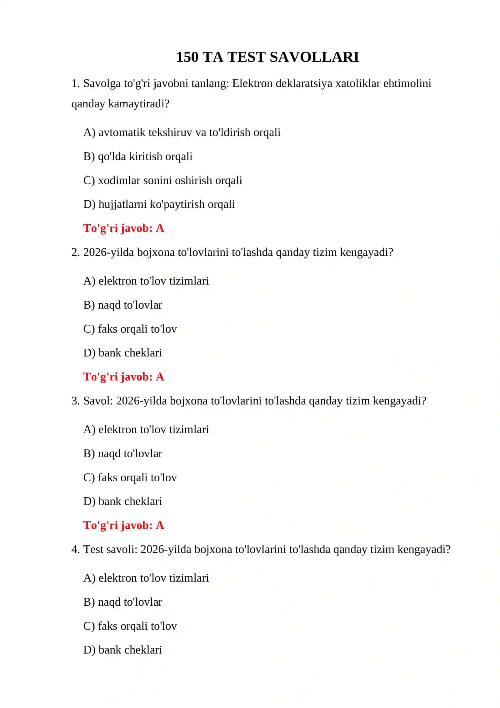 BOJXONA TEST SAVOLLARI 2026 3
