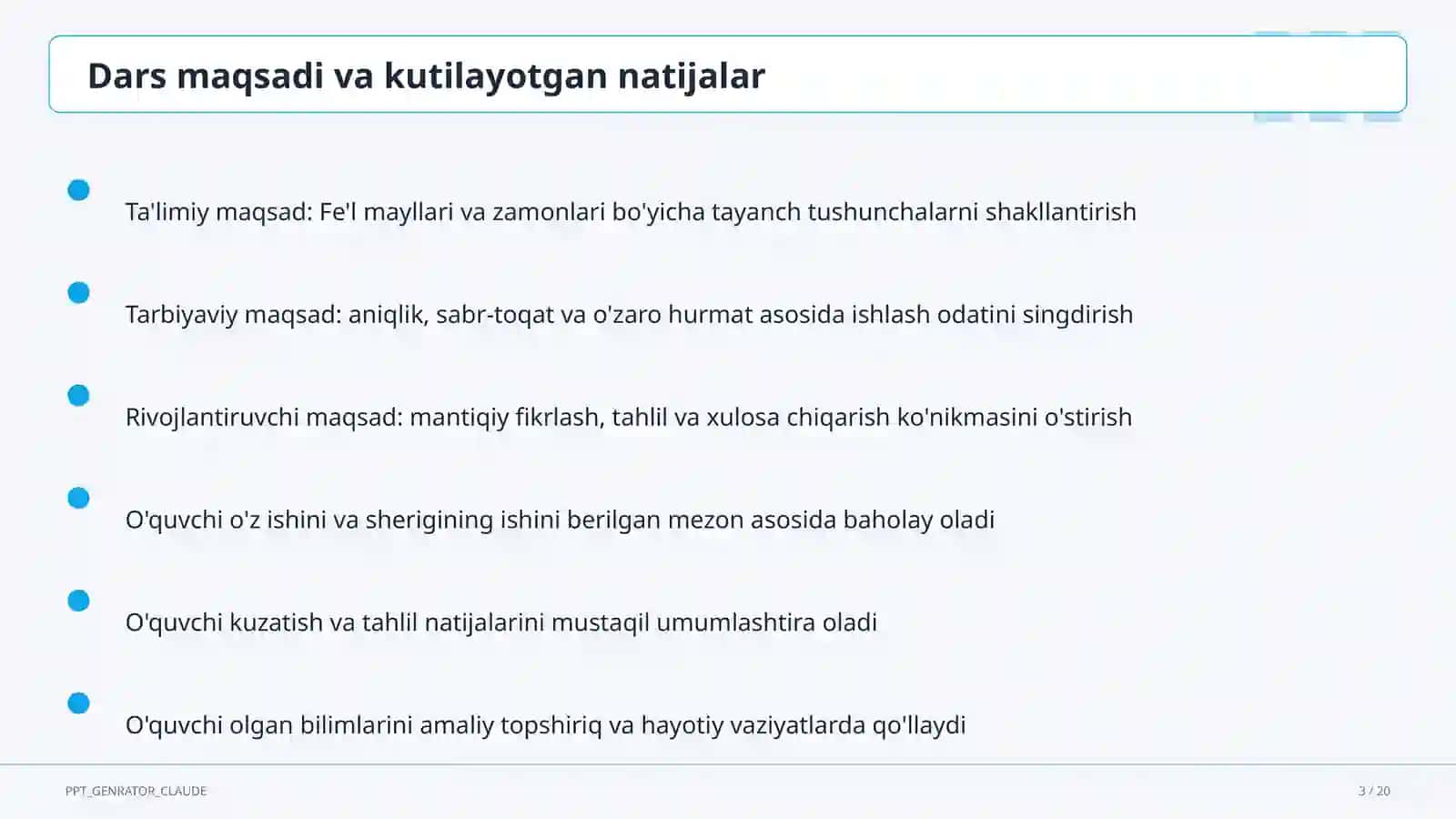 Fe'l mayllari va zamonlari (7-sinf) Ona tili (5–11) — metodik birlashma uchun 3