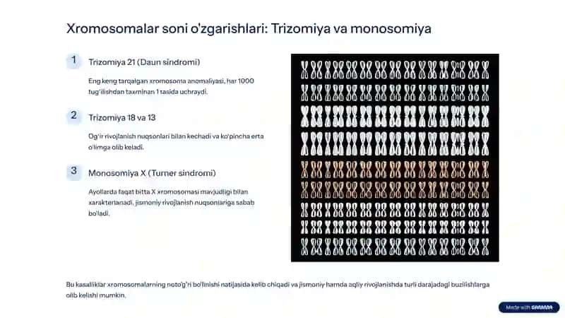 Xromasomalar kasalliklari. Xromasomalar soni va strukturasini o'zgarishlari. Prenatal tashhislash 3