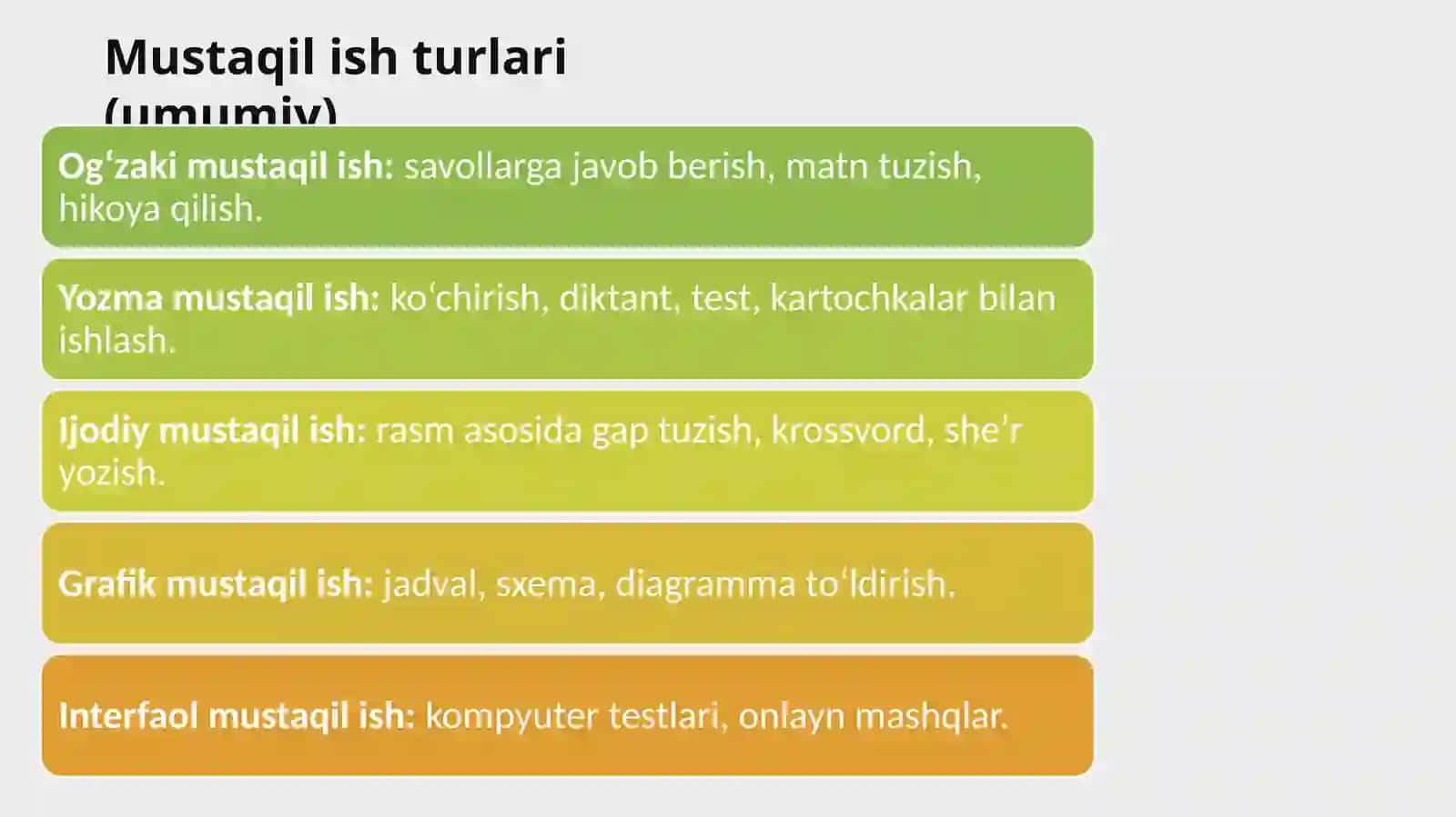 Ot so‘z turkumini o‘rganishda qo‘llaniladigan mustaqil ishlarni ishlabc hiqish 3