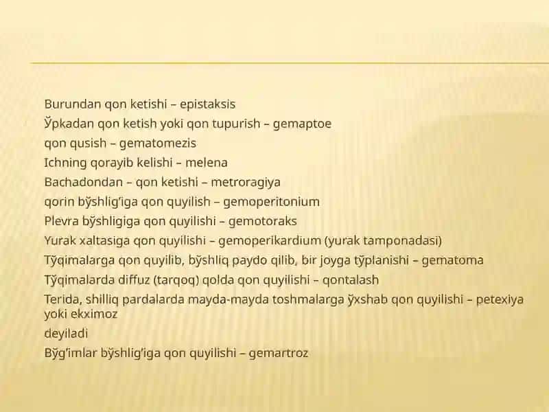 Gemorragik sindrom. Massiv qon yo’qotish. Gomologik qon, DVS sindromi klinikasi, diagnostikasi. 3