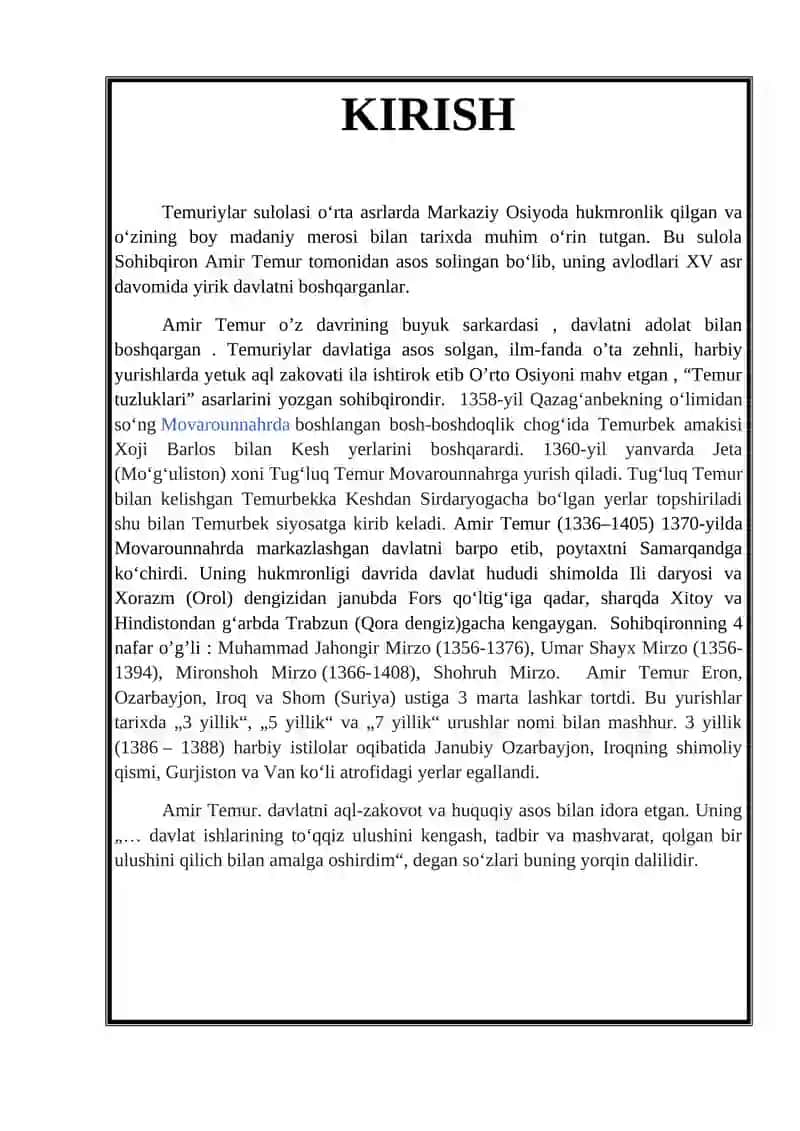 Amir Temur va Temuriylar davlati referat 3