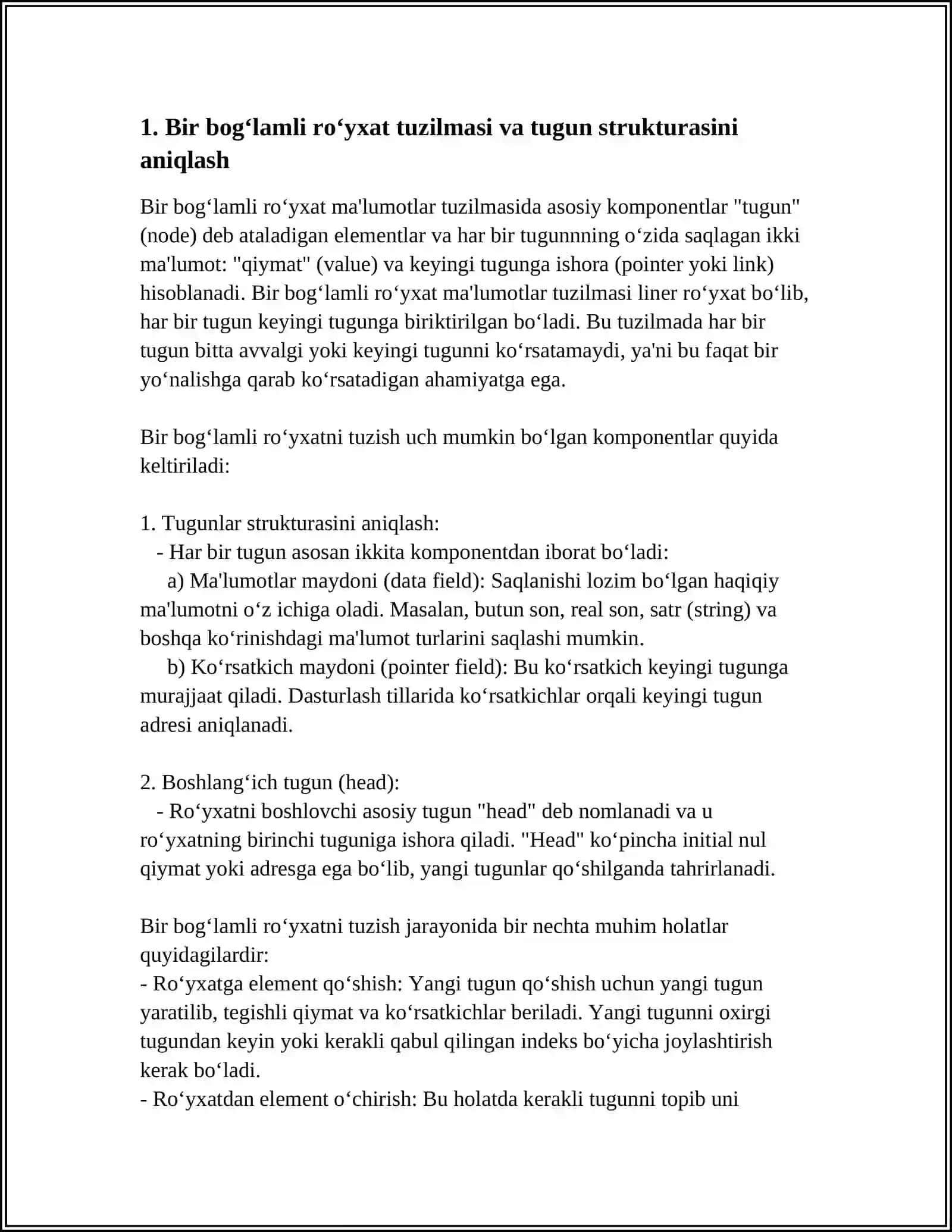 BIR BOGʻLAMLI ROYXATLAR USTIDA AMALLAR VA ULARNING ALGORITMLARI 3
