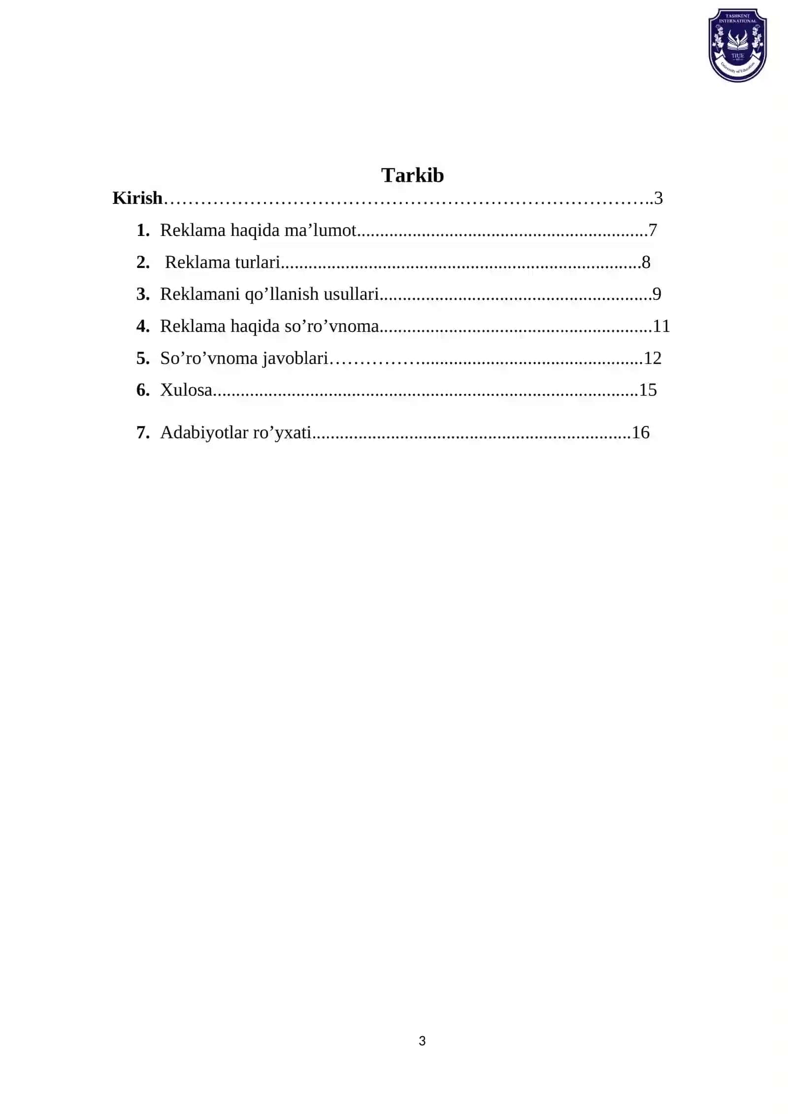 BOSHQARUVCHI MARKETING FANIDAN KURS LOYIHASI MAVZU: Reklama va uning turlari 3