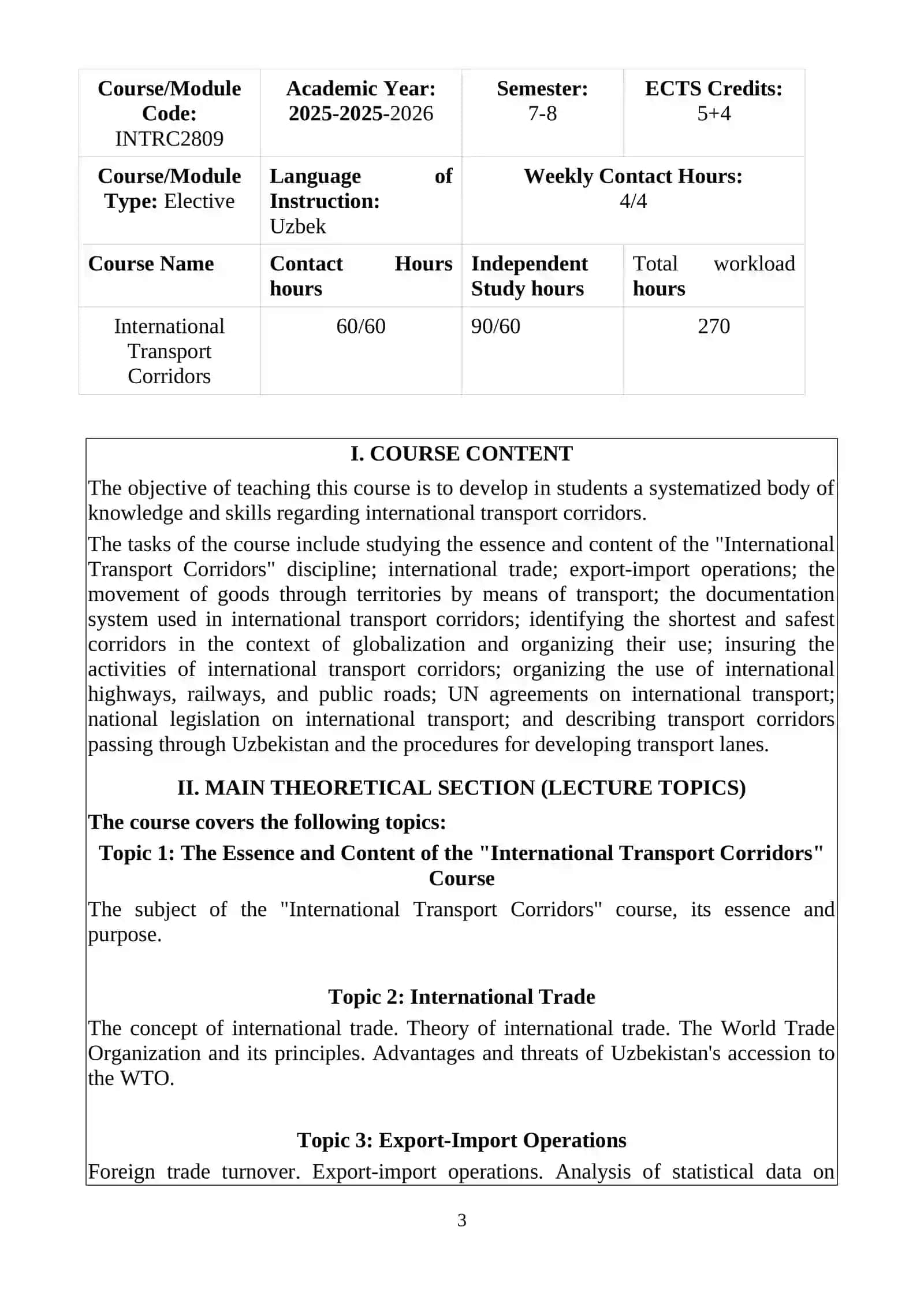 International Transport Corridors Course 3