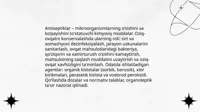 Antiseptiklami oziq-ovqat maxsulotlarini konservalashda ishlatilishi 3
