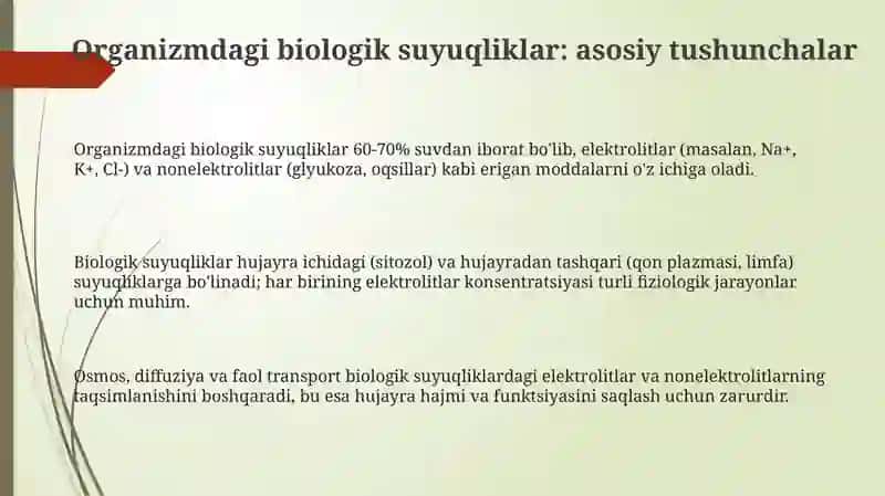 Organizimning biologik suyuqliklari elektrolit va noelektrolitlar eritmalar sifatida 3