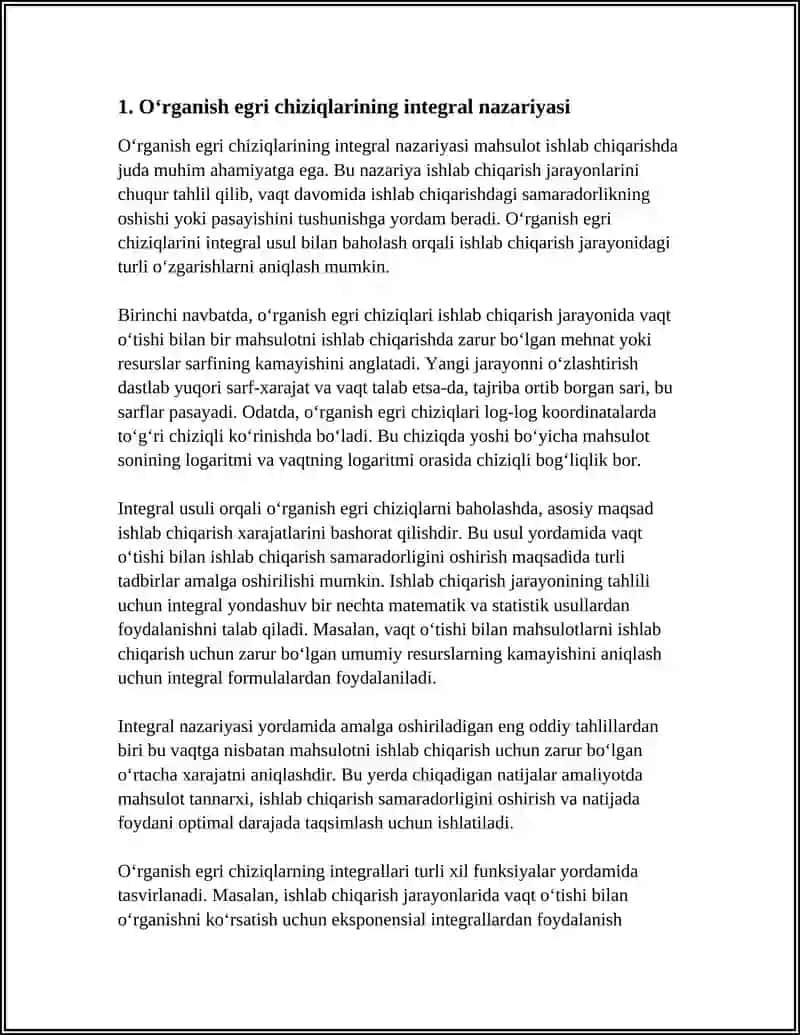 MAHSULOTNI ISHLAB CHIQARISHDA OʻRGANISH EGRI CHIZIQLARNI INTEGRAL YORDAMIDA BAXOLASH 3