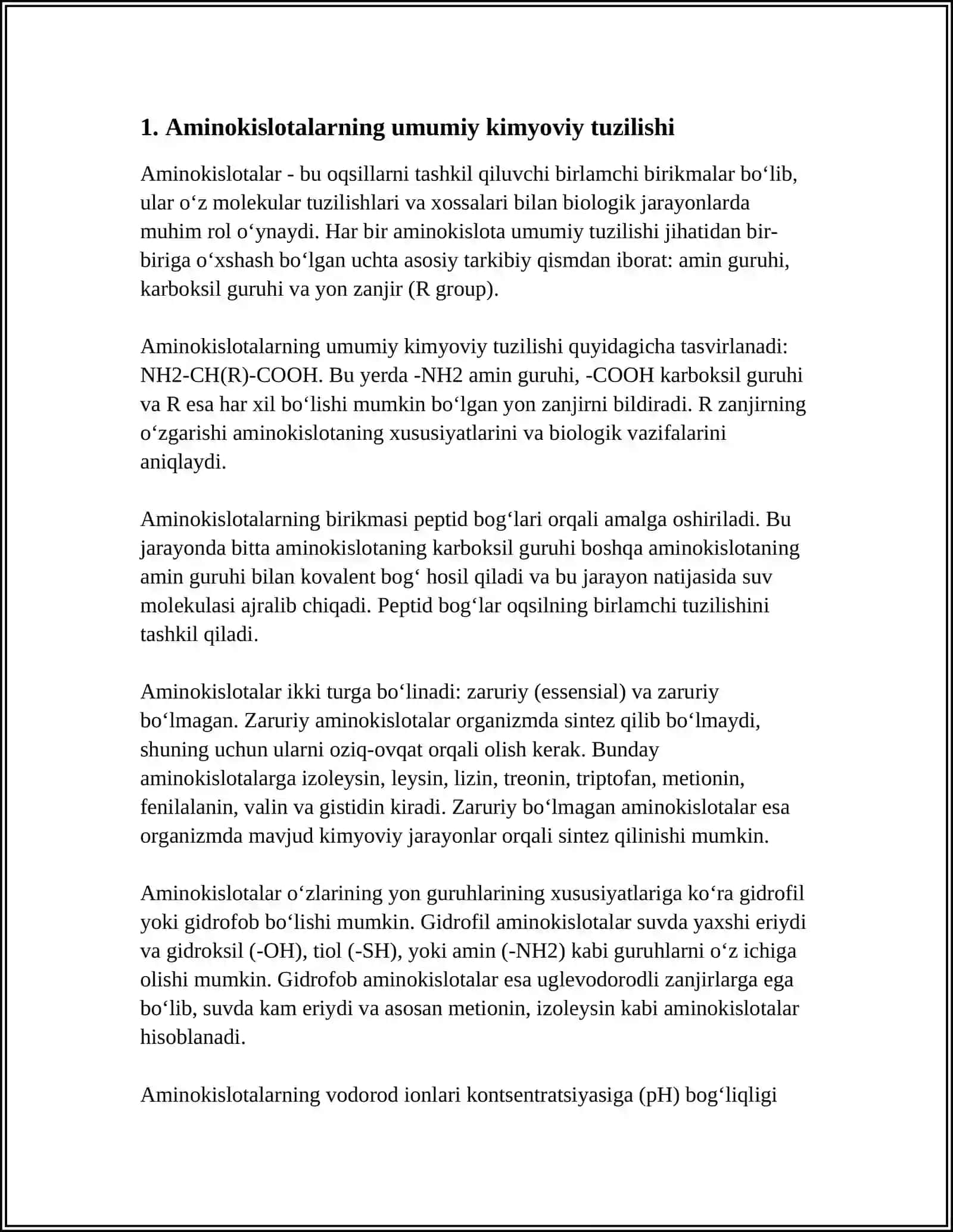 AMINOKISLOTALAR TUZILISHI:XOSSALARI VA BIOLOGIK AHAMIYATI 3