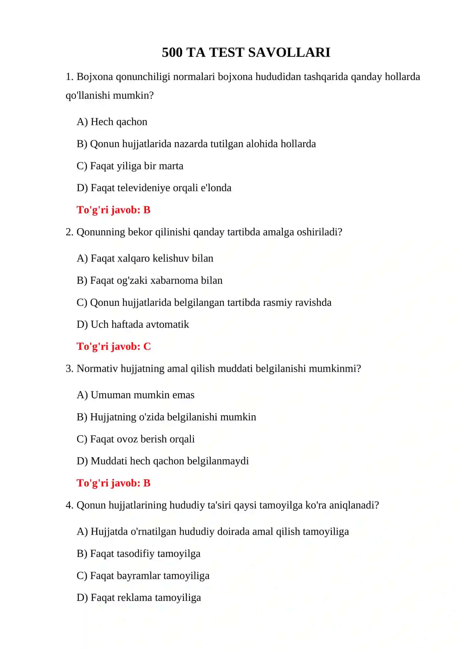 Bojxona qonunchiligi 500 ta test 3