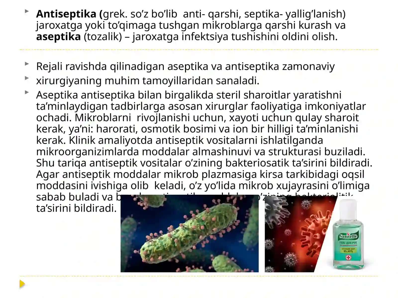 ANTISEPTIKA VA ASEPTIKA ASOSLARINIO’RGANISH,XIRURGIK BEMOR BOLALARNIQABUL QILISHDASANITAR ISHLOV BERISHNING AXAMIYATI 3