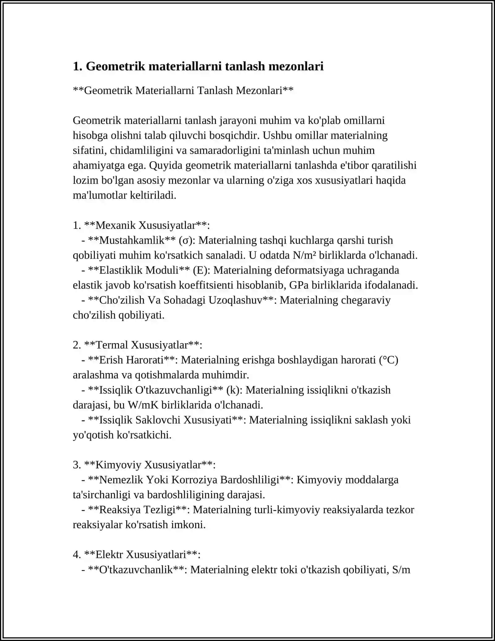 Geometrik materiallarni tanlash mezonlari 3