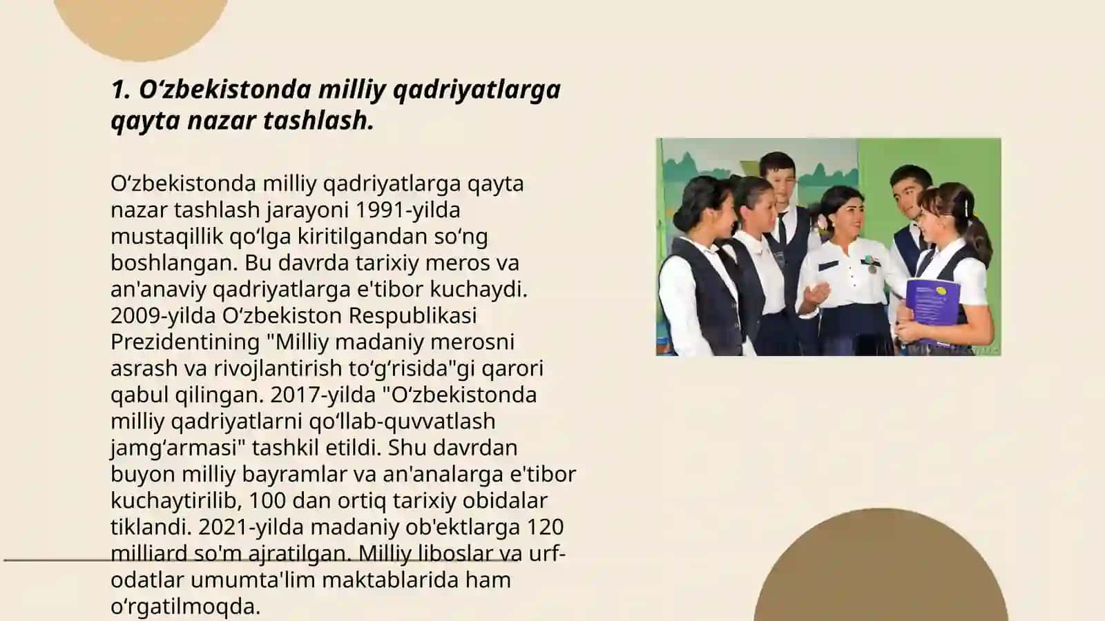 Òzbekkistonda milliy qadriyatlar va tarixni tiklash borasida amalga oshirilgan islohotlar mazmuni. Mustaqillik yillarda davlat boshqaruvi tizimida amalga oshirilgan islohotlar. Qishloq xo'jaligi va sanoat sohasidagi õzgarishlar.Òzbekstonda inson huquqlari va erkinliklari kafolatining yaratilishi 3