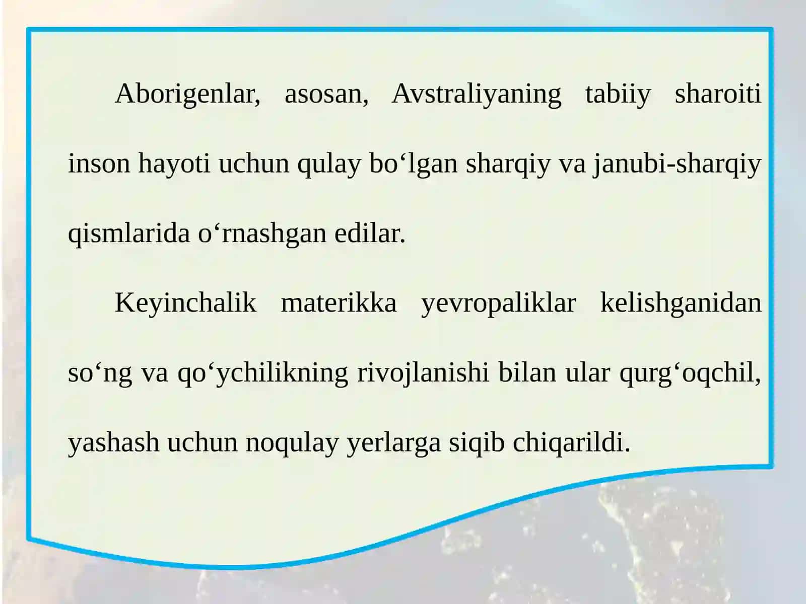 Avstraliya materik aholisi va uning  tabiatga ta’siri. 7-sinf geografiya fanidan dars ishlanma. 3