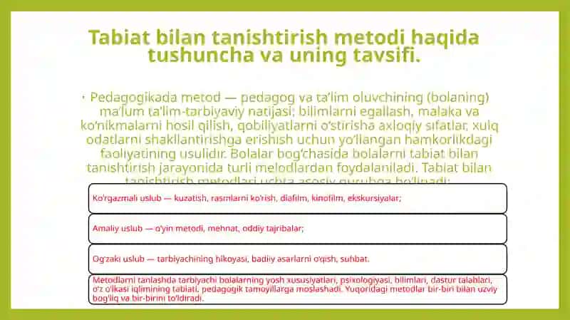 Tabiat bilan tanishtirish va ekologik tarbiya metodlarini to'g'ri tashkil etish. 3