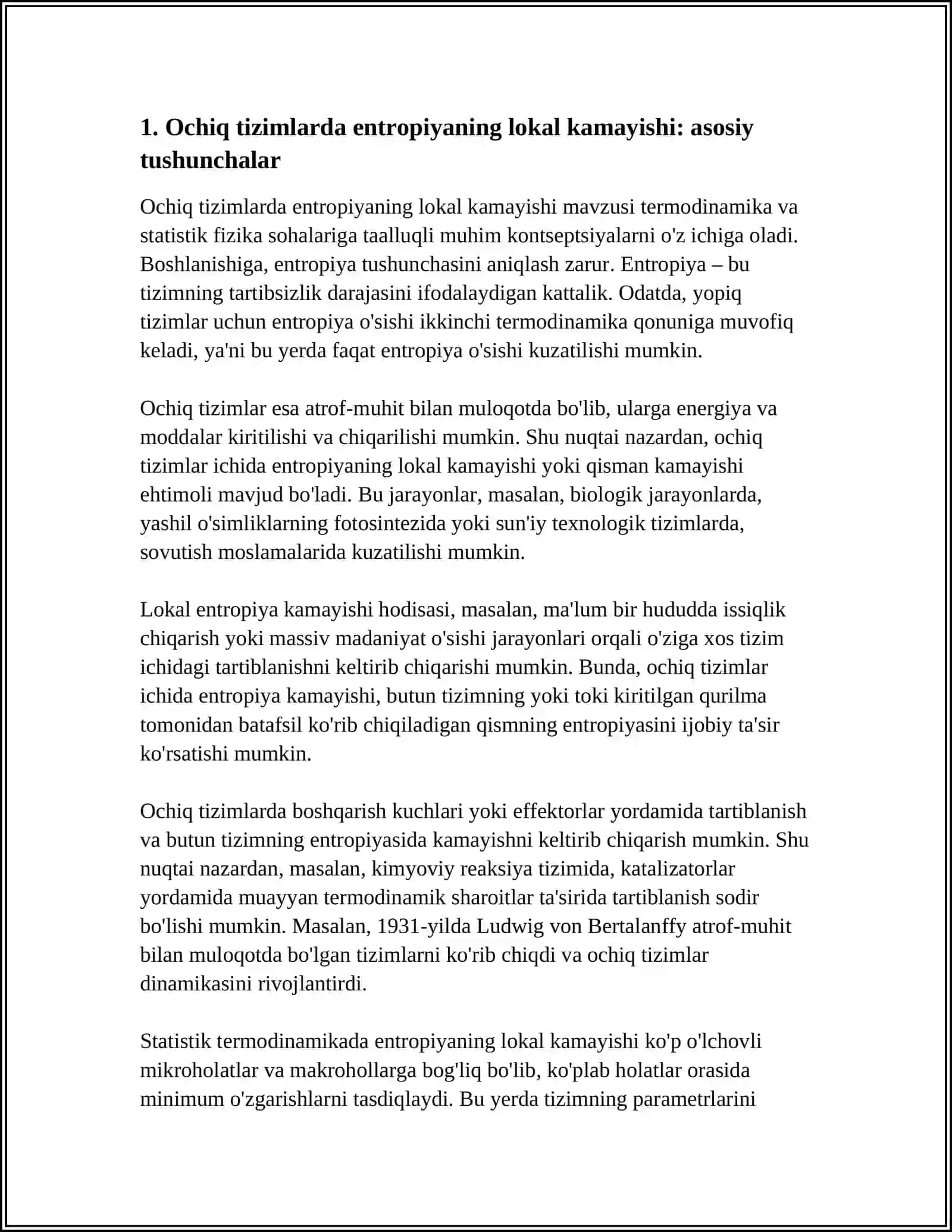 OCHIQ TIZIMLARDA ENTROPIYANING LOKAL KAMAYISH. DISSIPATV STRUKTURALAR 3