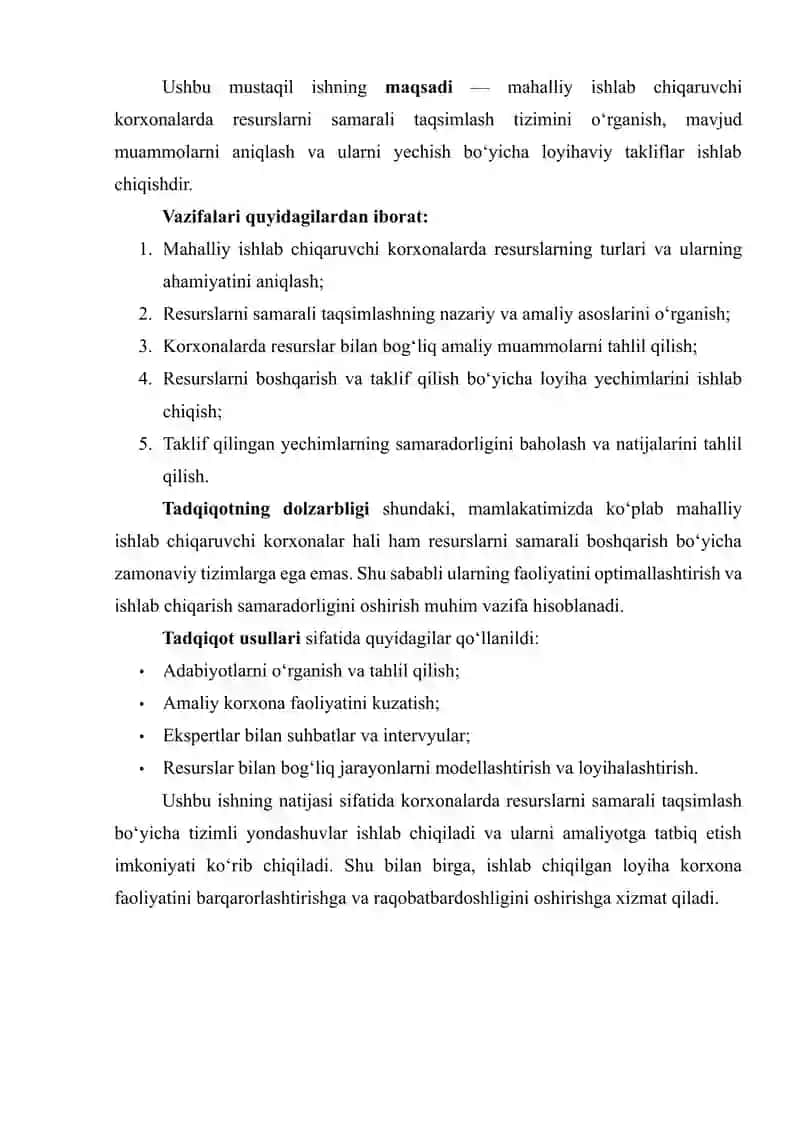 MAHALLIY ISHLAB CHIQARUVCHI KORXONA RESURSLARINI SAMARALI TAQSIMLASH, ULARNI TAKLIF QILISH VA AMALIYOTDAGI MUAMMOLARNI ANIQLASH HAMDA YECHIMLARNI LOYIHA SHAKLIDA ISHLAB CHIQISH 3