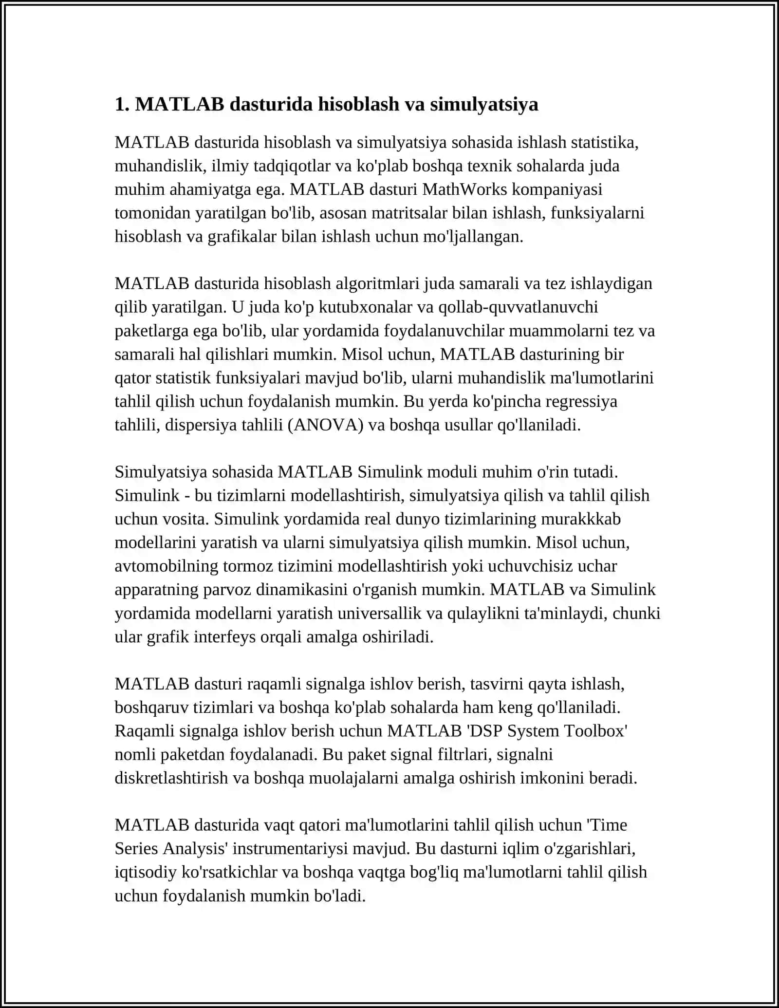 MUSTAQIL ISH Mavzu: QOʻYILGAN MASALANING MATLAB DASTUR IMKONIYATLARIDAN FOYDALANIB YECHISH 3