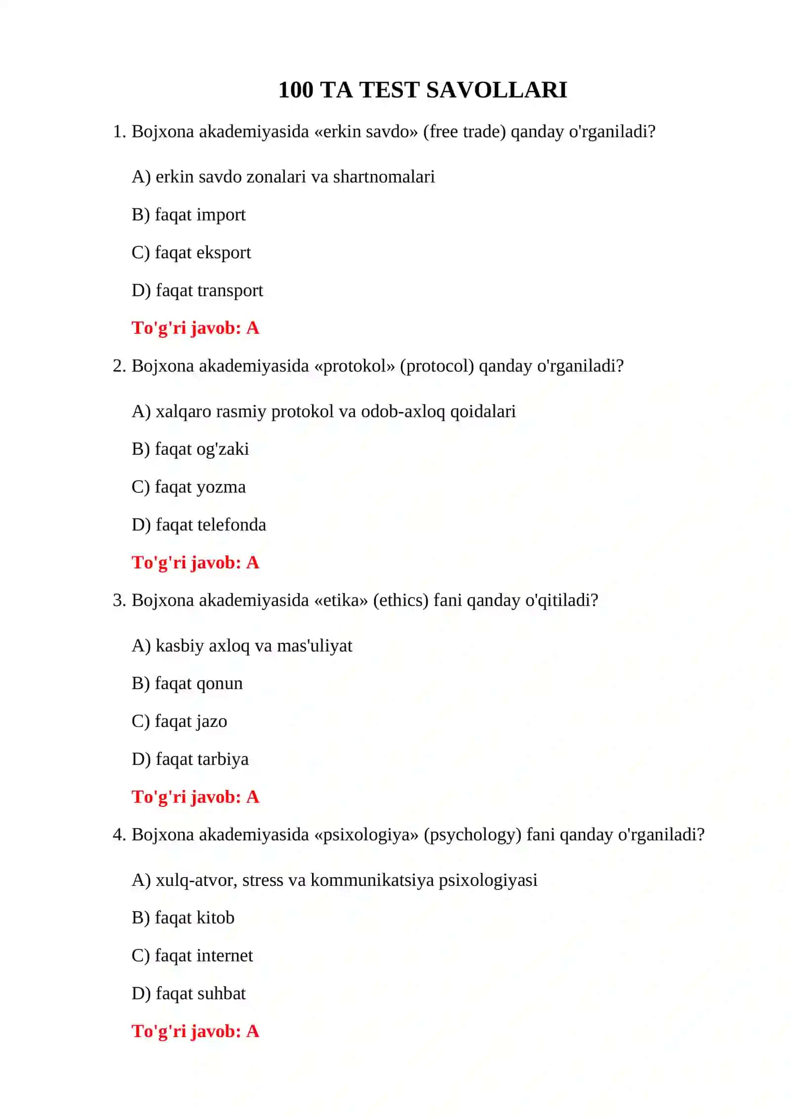 Bojxona Akademiyasi 100 ta test 3