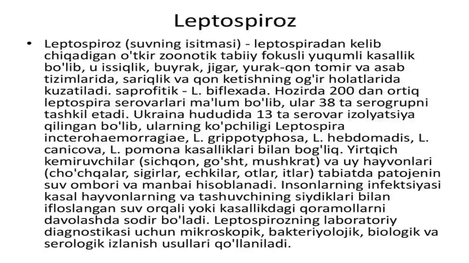Leptospirozlar morfologiyasi,strukturasi,tarqalganligini keltirib chiqaruvchi kasalliklar labaratoriya diagnostikasi 3