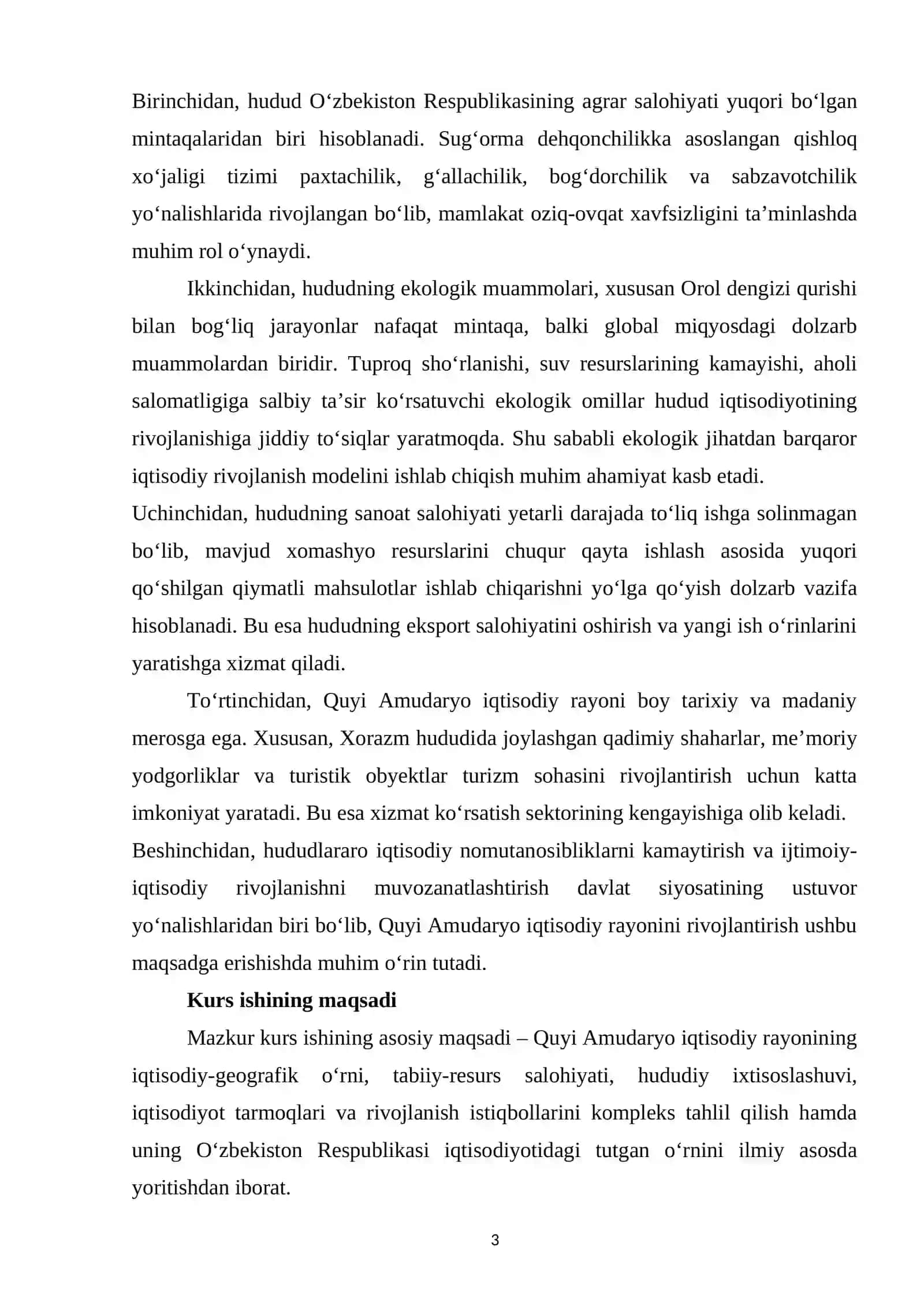 Quyi Amudaryo iqtisodiy rayoniga umumiy geografik tavsif Kirish I.Iqtisodiy geografik o'rni va chegaralari 3