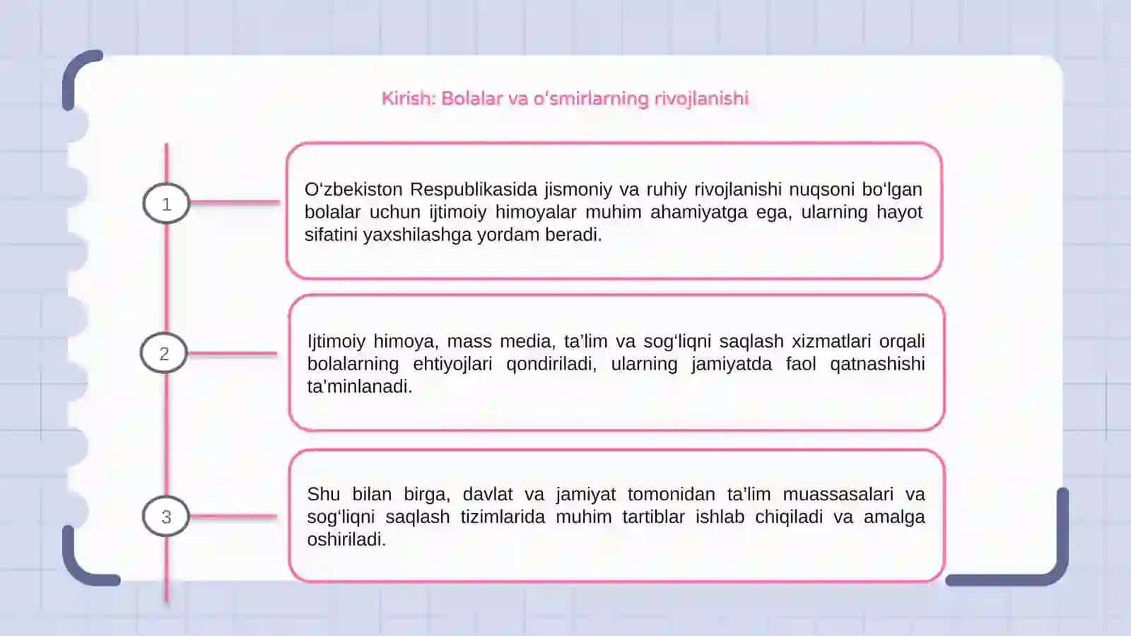 O‘zbekiston Respublikasida jismoniy va ruhiy rivojlanishida nuqsoni bo‘lgan bolalar va o‘smirlarning ijtimoiy himoyasi 3