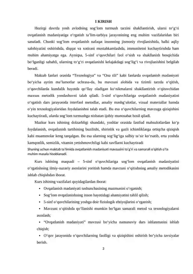 Mavzu: 5-sinfda ovqatlanish madaniyati. Ovqatlanishning inson hayotidagi ahamiyati mavzusini o’qitish metodikasi 3
