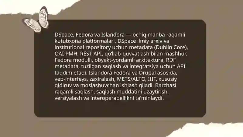 Raqamli kutubxona arxitekturalari va platformalari (DSpace, Fedora, Islandora) 3