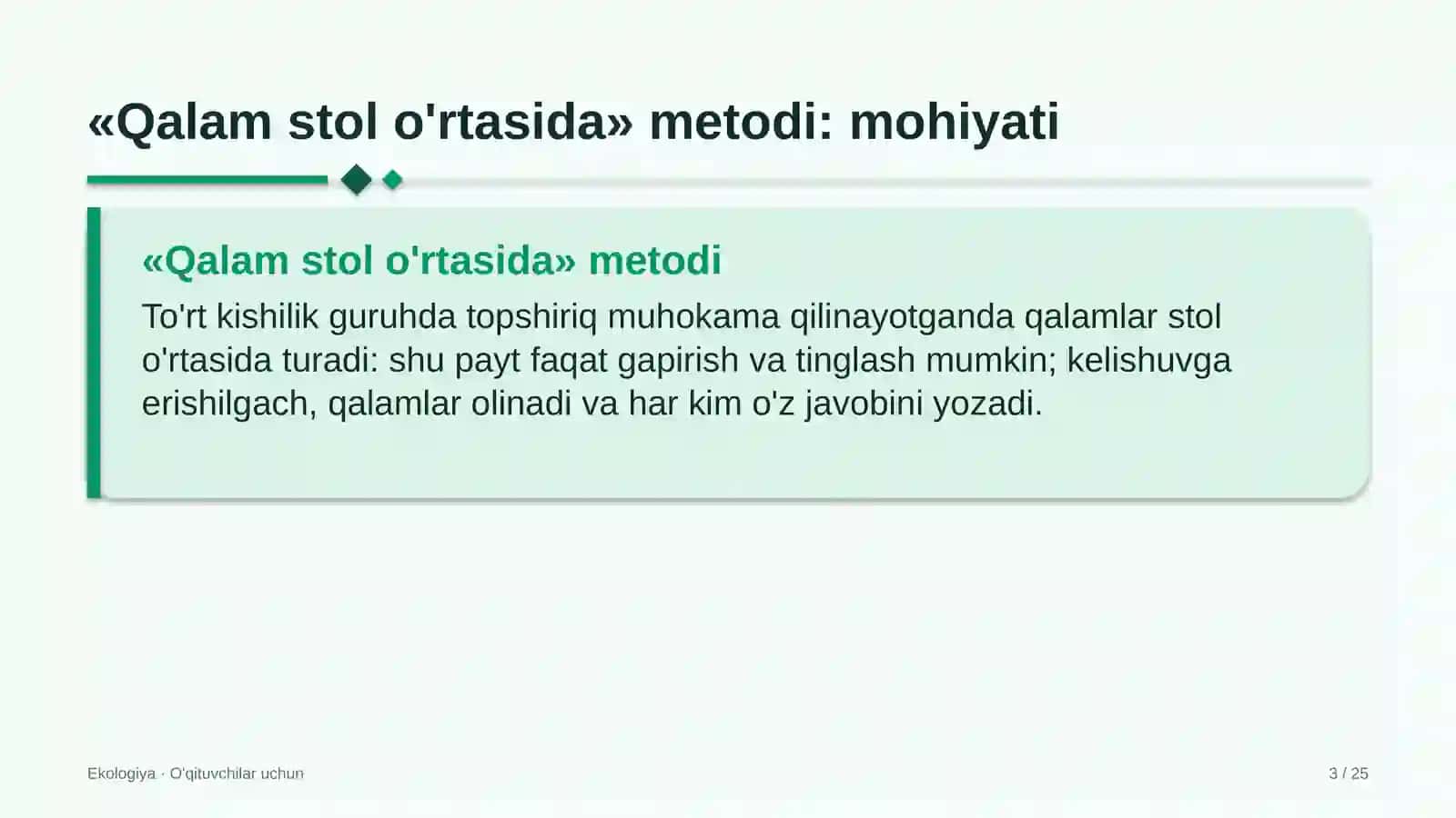 ekologiya darslarida qalam stol o'rtasida metodidan foydalanish 2383 3