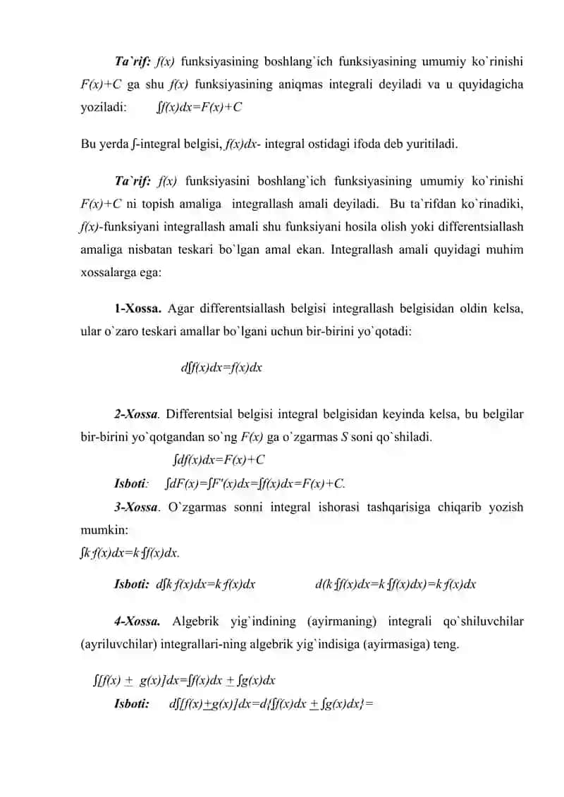Boshlang`ich funksiya va aniqmas integral. Aniqmas integralning xossalari. Aniqmas integrallar jadvali 3