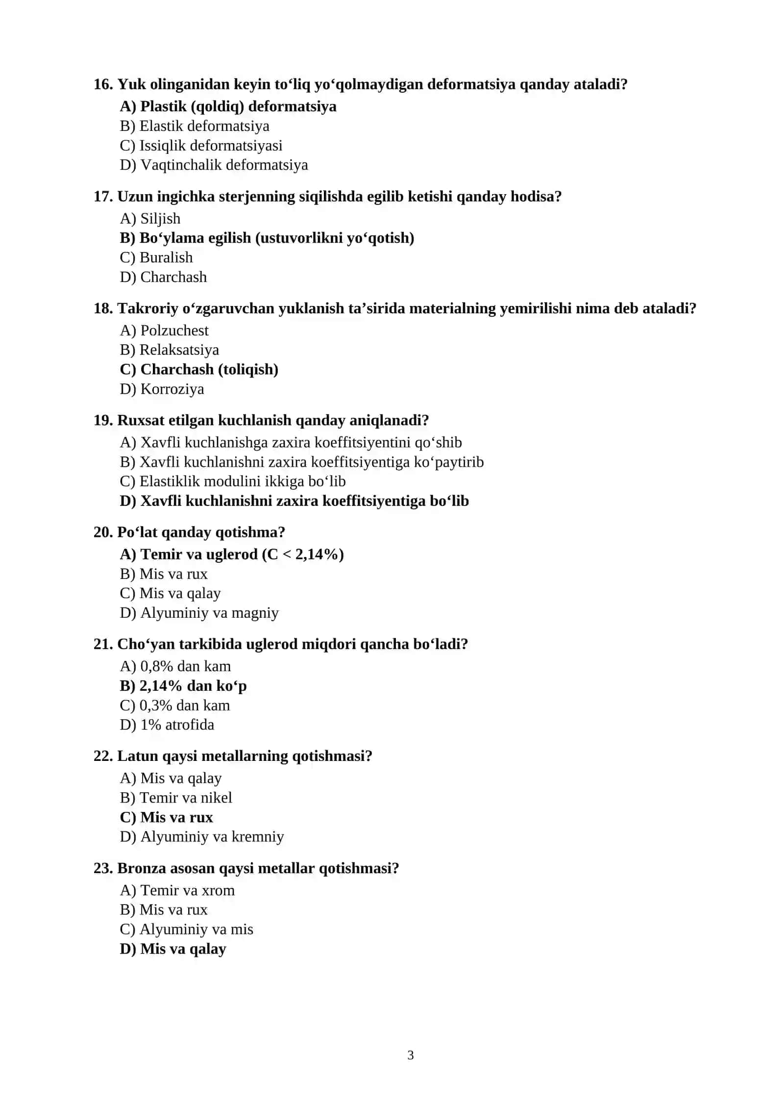 MUHANDISLIK FANIDAN 100 TA TEST SAVOLLARI JAVOBLARI BILAN 3
