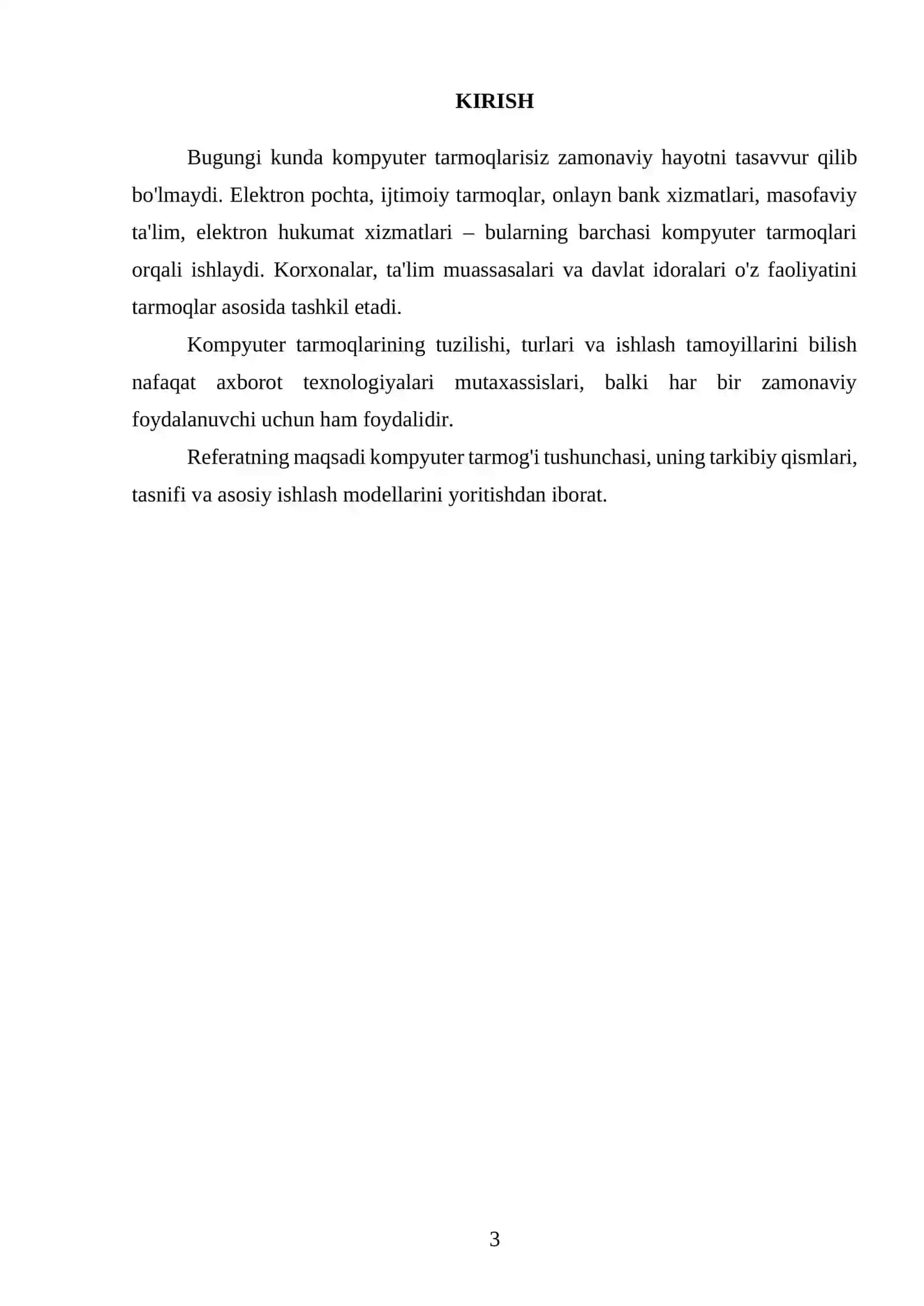 REFERAT Fan: Informatika va axborot texnologiyalari Mavzu: Kompyuter tarmoqlari va ularning turlari 3