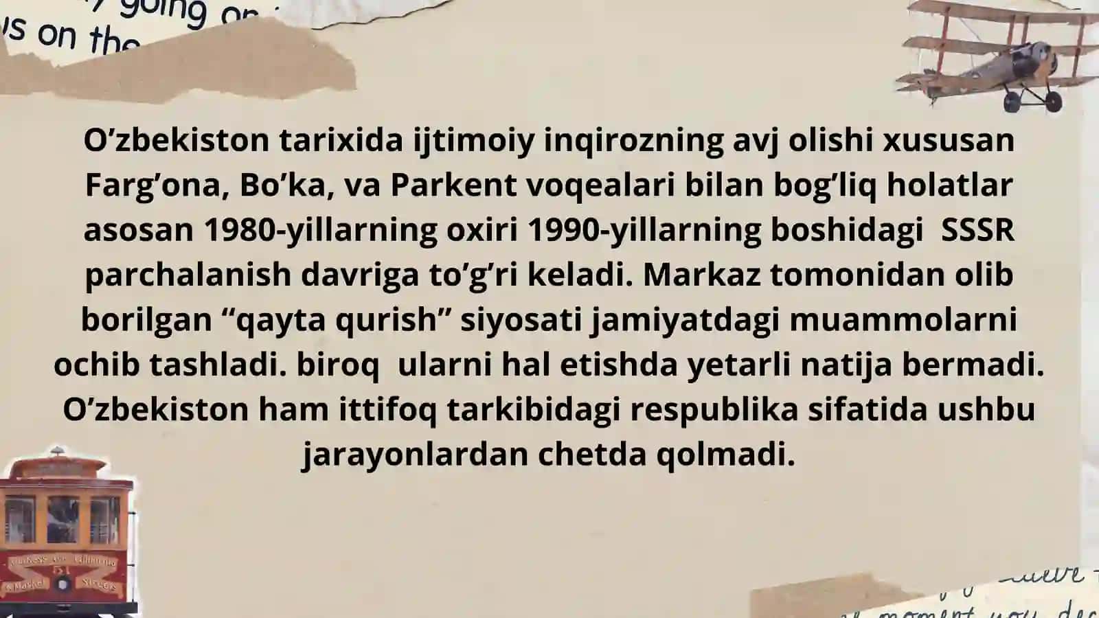 FARG’ONA, BO’KA, PARKENT VOQEALARI. O’ZBEKISTONDA IJTIMOIY INQIROZNING AVJ OLISHI 3