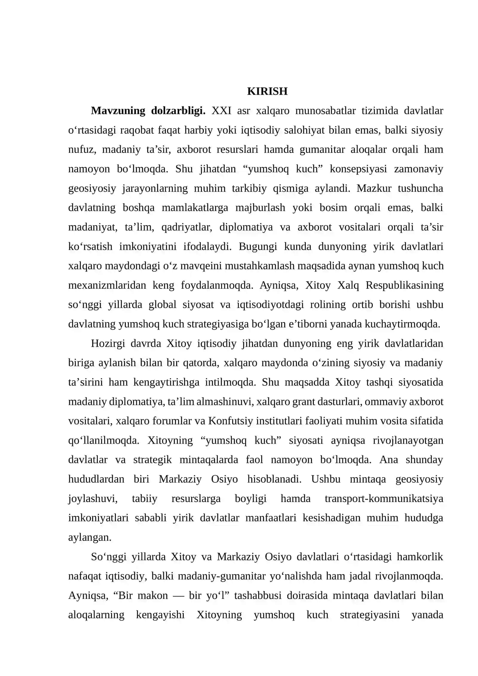 Xitoy Xalq Respublikasining yumshoq kuch siyosati doirasida Markaziy Osiyo davlatlari bilan olib borayotgan madaniy-gumanitar hamkorligi 3